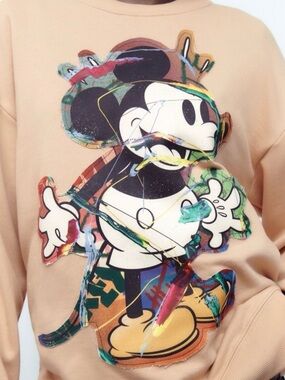 ZARA Disney Beige Sweatshirt with Colorful Mickey Graphic